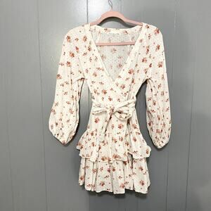 Maia Bergman White Floral Ines Ruffle Balloon Sleeves Wrap Mini Dress S